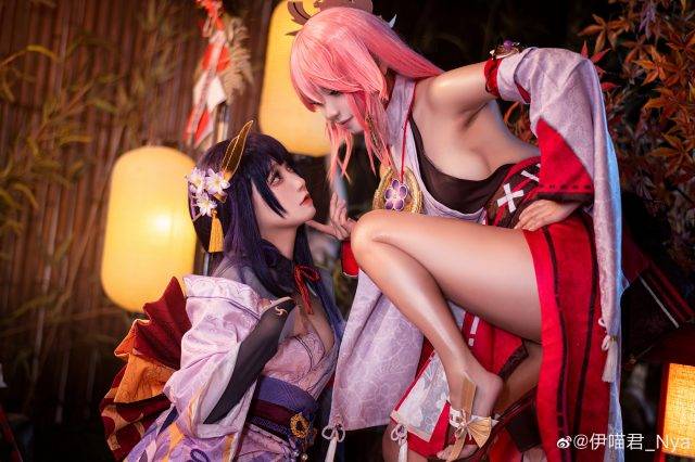 原神cosplay - coser桃景三酪&伊喵君_Nya化身雷电将军和八重神子-1