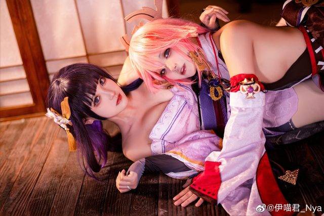 原神cosplay - coser桃景三酪&伊喵君_Nya化身雷电将军和八重神子-1