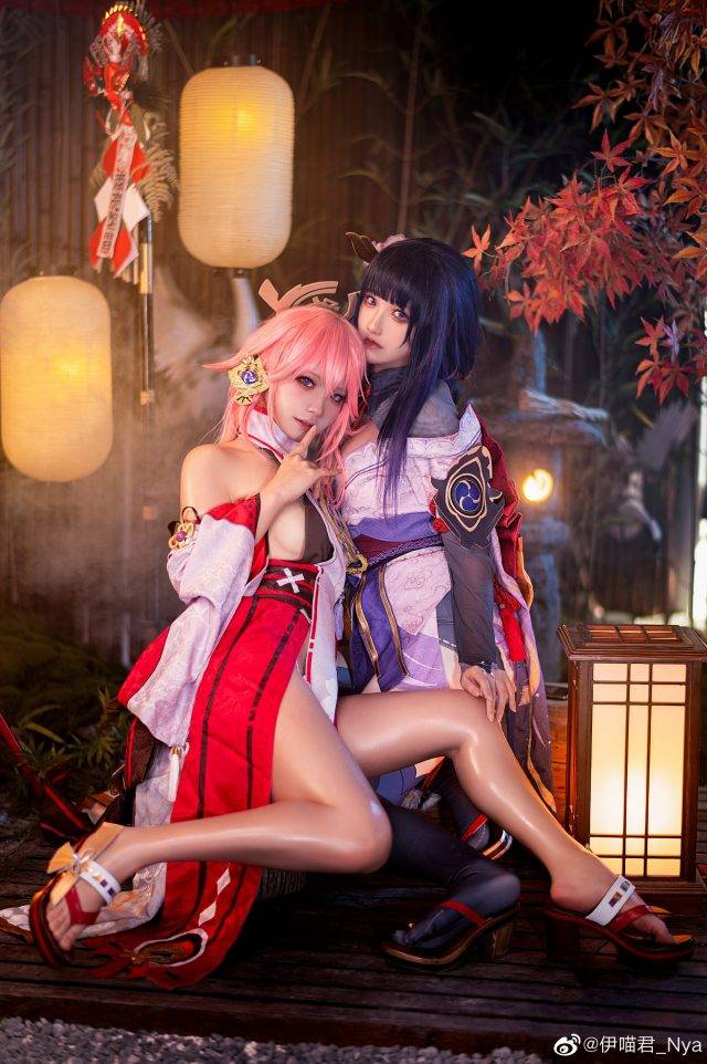 原神cosplay - coser桃景三酪&伊喵君_Nya化身雷电将军和八重神子-1