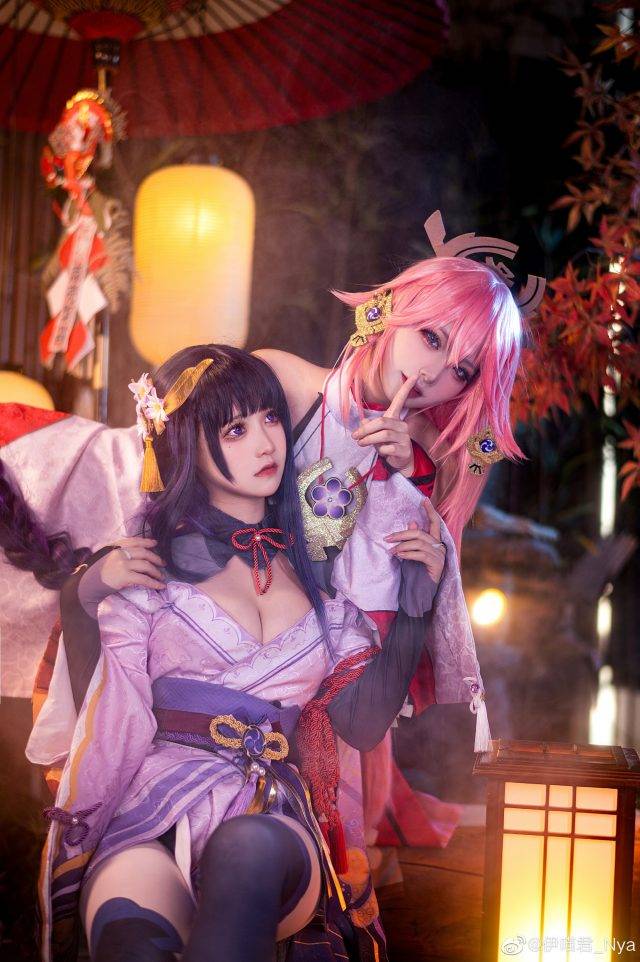 原神cosplay - coser桃景三酪&伊喵君_Nya化身雷电将军和八重神子-1